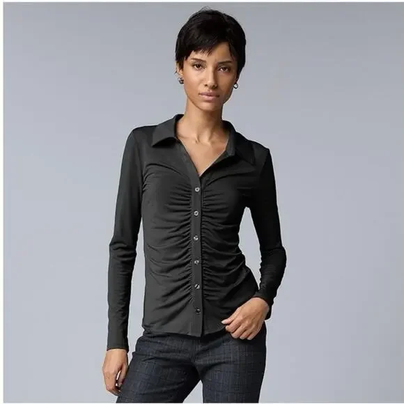 Vera Wang Y2K 90s Style Ruched Stretch Blouse Black Collared Button Front M